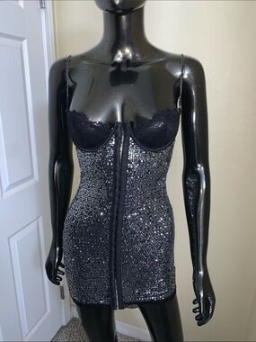 *Snagged* Current Mood Black Sequin Lace Slip Dress Size XS